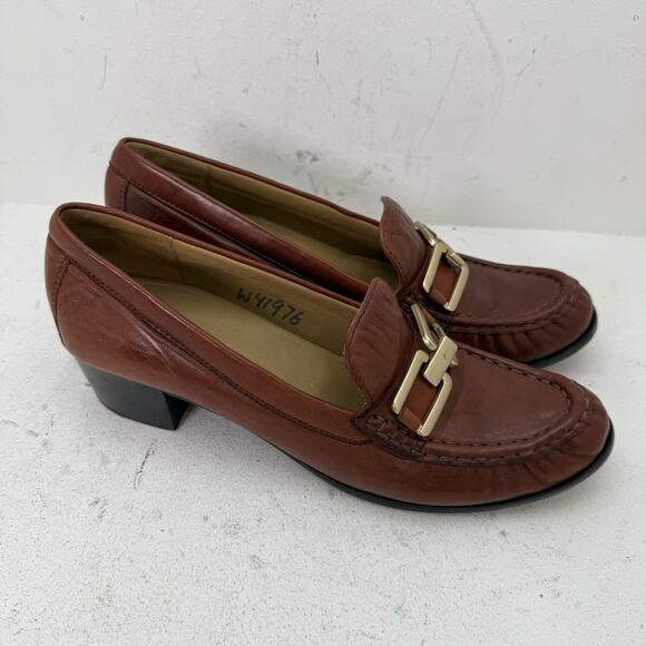 Robert Zur Brown Leather Heeled Loafer Gold Women's Size 9.5 - Picture 4 of 9